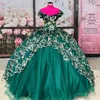 Verde lucido Principessa Abiti Quinceanera Principessa Oro applique Fiori 3D Abito da ballo Abito di compleanno Tulle Dolce 16 Abiti abiti da 15