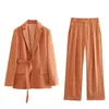 Dwuczęściowe spodnie kobiet Summer Women Solid Blazer Suits 2023 Office Lady Metal Bluckle Dekoracja długiego rękawa z paskiem pełnej długości