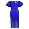 Etniska kläder Blue Tassel African Dresses for Women 2023 Ankomst Summer Lantern Sleeve Elegant Party Slim Long Maxi Dress Robe Cocktail