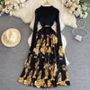 Sukienki swobodne Kobiety szykownie stojak z długim rękawem Patchwork A-line sukienka vintage koreańska moda mody vestido elegancka jesienna zimowa dzianina