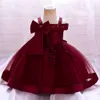 Bow Summer Dresses Infant Baby Girl Birthday Party Dress Lace Flower New born Princess Clothes Toddler Baby Girls Wedding Gown