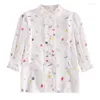 Damesblouses Opstaande kraag Ruches Wit overhemd Dames 2023 Zomer Bloemen Chiffon Vijfpuntsmouwen Tops Design Casual blouse