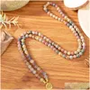 Con cuentas Mg1347 Mate natural Picasso Jasper 108 Mala Pulsera Lotus Charm Yoga 4 Wrap Meditación Joyería espiritual Drop Delive Dhgarden Dhqyd