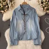 Women's Blouses Designer Denim T-Shirt For Women Lace-up V-neck Loose Lapel Pullover Jean Female Fashion Casual Tops Shirts