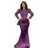 2023 Grape Purple Evening Dresses Wear Jewel Neck Sequined Lace Beads Mermaid Prom Gowns Long Sleeves Formal Prom Dress