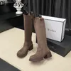 Boots Retro Woman Western Cowgirl Boot Fashion Slip On Knee High Booties Designer Autumn Winter Square Heel Knight Bootties 230909