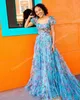 Robe de bal florale en tulle imprimé 2k24, manches courtes, corsage orné de perles, ligne A, concours de beauté, soirée formelle, événement, piste, cravate noire, gala, coing, ivoire, bleu clair