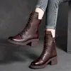 Botas GKTINOO 2023 Vaca Couro Qualidade Mulheres Sapatos Outono Inverno Quadrado Med Heel Tornozelo Lace Up Zipper Senhoras Bombas Tamanho 3540 230911