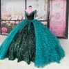 Blackish Green Sequined Princess Quinceanera Dress Ball Gown Beaded Off Shoulder 15th Party Gown Tull Detachable tail Sweet 16 Dress