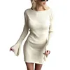 Casual Dresses Women Sexy Knitted Mini Dress Long Sleeve Crewneck Sweater Short Bodycon Ribbed Knit Party