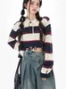 Kvinnors tröjor randiga pullover Kvinnor Autumn Crop Sticke tröja Kvinna Vintage Sweet Lapel Knitwear Lady Preppy Style Loose Jumper