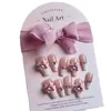 Falsas uñas 10 unids prensa hecha a mano en medio largo rosa bowknot francés romántico acrílico ataúd ballet falso con pegamento