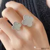 Vintage Cluster Rings Van Clee Brand Designer Copper Double Ceramic Four Leaf Clover Flower Charm Open Ring For Women Jewelry With Box Party Gift