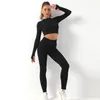 Set attivi Autunno Donna Set da yoga Giacca corta a maniche lunghe con pantaloni a vita alta Sport 2 pezzi Abbigliamento GMY a costine