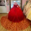 Kırmızı Parlak Quinceanera Baloseanera Quinceanera Elbise 2024 Boncuklar Cape Party Dress Vestidos De 15 Baile