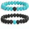 2 pièces/ensemble pierre naturelle turquoise perles noires Couple Distance Bracelet pour hommes femmes brin Bracelets Bracelets Yoga amant bijoux cadeaux