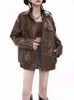 Jaqueta de couro feminino outono plutônio 2023 vintage marrom motocicleta casaco feminino coreano solto rua outwear