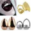 18k Real Gold Grillz hängslen Plain Punk Hip Hop Double Teeth Dental Mouth Fang Grills Tooth Cap Cosplay Halloween Costome Party Vampire Rapper Body Jewelry Wholesale