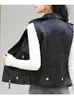 Women's Leather Black Jackets For Women Faux Coat 2023 Autumn Vest Zippers Streetwear Sleeveless Motorcycle Turn-down Collar Waistcoat
