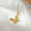 Pendant Necklaces Women Green Zircon Hollow Butterfly Necklace Silver Stainless Steel Chain Micro Inlaid Animal Clavicle Party Jewelry