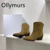 Stiefel Schuhe für Frauen 2023 Echtes Leder Cowboy Spitze Zehen Slip auf Holzabsatz Knöchel Designer 230911