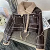 Women's Leather Brown Lambswool Jacket Winter Thickened Plus Velvet Motorcycle Faux Stitching Coat PU Plush Cardigan Stand Collar Tops