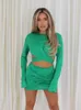 Work Dresses Women Dress Sets Elegant Sexy Two Piece Autumn Long Sleeve Wrap Tops And Mini Skirts Green Club Party Outfits 2023