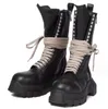 Black Street Bettla tjock sula Cowhide Matin Boots äkta lädermotorcyklar Big Lace T Show Fashion Botas For Boys Party Boots