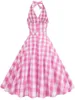 Casual Dresses Women Pink Plaid Dress 1950s Vintage Cocktail Party A-line Swing Holiday Wedding