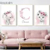 Flower Custom Name Canvas Måla Cartoon Animal Animal Nursery Poster Bear Elephant Giraffe Wall Print Bilder Baby Kids Room Decor L01