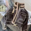 Women's Leather Brown Lambswool Jacket Winter Thickened Plus Velvet Motorcycle Faux Stitching Coat PU Plush Cardigan Stand Collar Tops