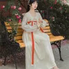 Casual Dresses Women Hanfu Vestidos Sweet Retro Dress Summer Lantern Sleeve Square Neck Elegant And Chic Mesh Embroidered Gentle Fairy