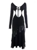 Casual Dresses Women's Dress 2023 Trendy Long Sleeve Midi Robe Black Elegant Party Prom Evening Sexy Cocktail Ruffle Cutout Backless