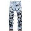 Herr jeans män designer jeans broderi hip hop joker denim pants män trasiga hål lapp elastiska smala fötter blyertsbyxor x0911