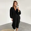 Robes décontractées Chic Coton Mousseline Lanterne Manches Robe Femmes Lâche Sexy Col V Printemps Été Blanc Derss Robe Élégante Robe Mujer