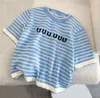 Women Knitted T Shirt Contrast Color White Blue Striped Tees Short Sleeve Cropped Jumper Tops