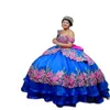 Niebieski meksykański kwiat sukienki Quinceanera Suknia balowa Vestidos de 15 Quinceanera Off the ramię XV anos Charro
