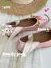 Dress Shoes Satin Sweet Pink Pumps Patchwork Flower Decoration Cross Lace-up Splicing Mixed Color Square Toe Low Heel Daily Spring Women