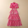 2023 Hot Pink Floral Brodery Cotton Dress Kort ärmstativ Kullen Ruffled långa maxi Casual Dresses S3M120309