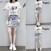 Zwei Stück Set Frauen Bienen Cartoon Pailletten T-shirt Spitze Bogen T-shirt Casual t-shirt + Rock Anzüge Frau Jeans Denim kurze Sets