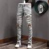 Джинсы-стрейч с нашивками, мужские хлопковые ковбойские брюки с рваным эффектом, облегающие джинсы с повреждениями ног, Denim211E