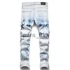 Herr jeans män designer jeans broderi hip hop joker denim pants män trasiga hål lapp elastiska smala fötter blyertsbyxor x0911