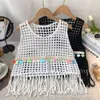 Französisch Retro Design Weste Mesh Oberbekleidung Sommer Ausgehöhlt Gestrickte Quaste Neckholder Ärmelloses Top Für Frauen