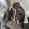 Women's Leather Brown Lambswool Jacket Winter Thickened Plus Velvet Motorcycle Faux Stitching Coat PU Plush Cardigan Stand Collar Tops