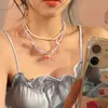 Pendentif Colliers 2pcs Sweet Honey Peach Crystal Collier de perles Femmes Papillon Double Couche Collier Chaîne Coloré Tour de cou Bohême