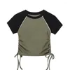 Kvinnors T-skjortor Kontrast ColorBlock Knitwear Elegant Crop Top T-shirt med sidostaplad ruched Drawstring Lace-up Women Shirt Summer Y2K