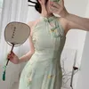 Basic Casual Dresses Summer Women Sleeveless Sexy Split Qipao Elegant Print Flower Chinese Dress Retro Traditional Oriental Clothing Cheongsam 230911