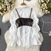 Work Dresses Women's French Style Puff Sleeve Mini Shirt Brown Short Slim Vest Autumn Two Pieces Suit Sets For Ladies