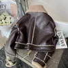 Women's Leather Brown Lambswool Jacket Winter Thickened Plus Velvet Motorcycle Faux Stitching Coat PU Plush Cardigan Stand Collar Tops