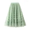 Skirts Jupe Femme Ete Spring Party Skirt Elastic High Waist Long Tulle Women Multilayer Ruffles Pink Mesh Tutu Ladies